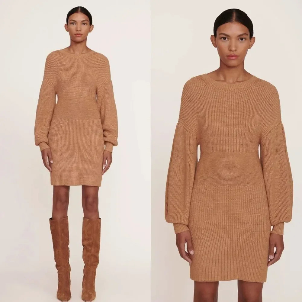 NEW STAUD Marylebone Camel Tan Long Sleeve Knit Sweater Dress Size Large